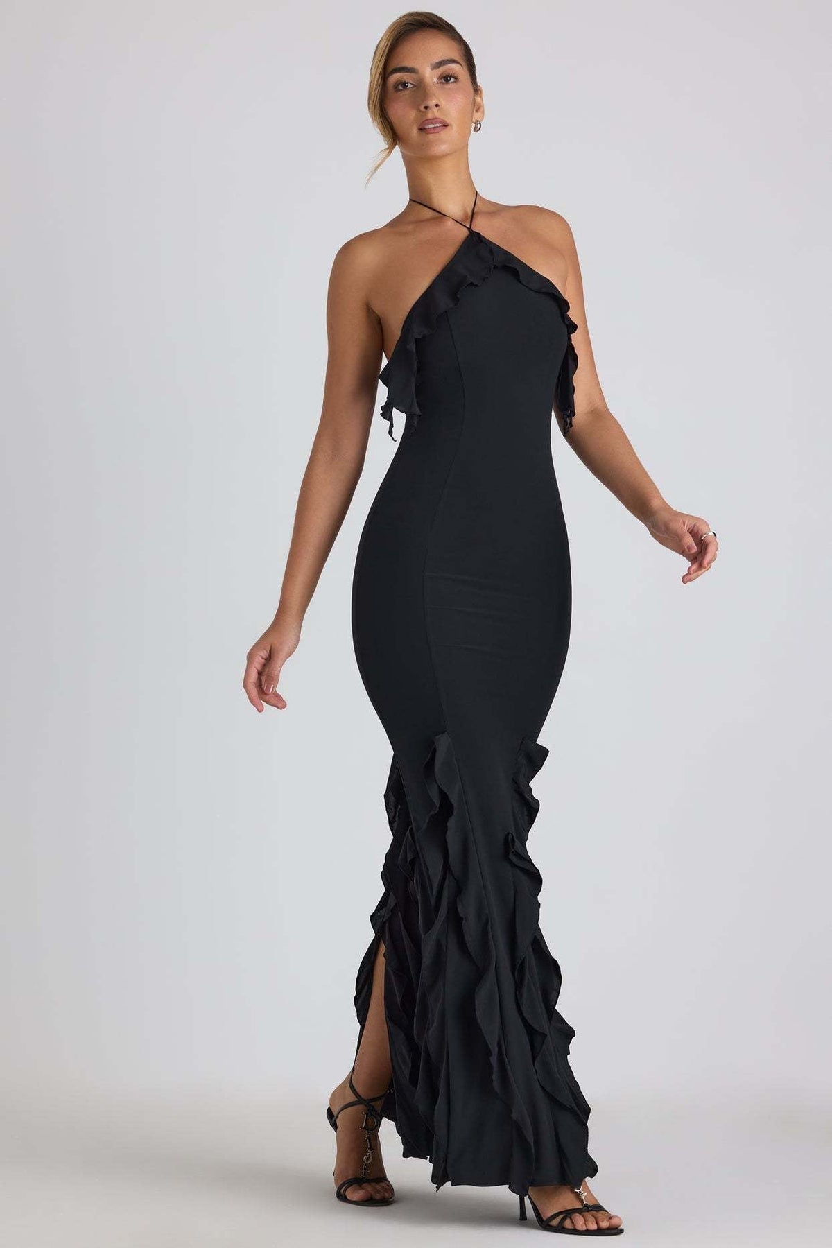 Halter Neck Ruffle Trim Fishtail Maxi Dress - View 10
