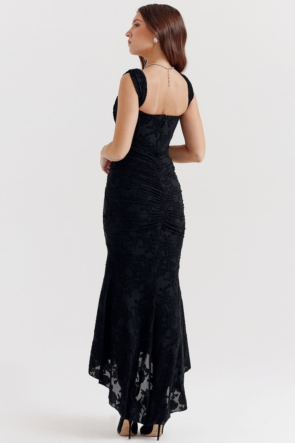 Velvet Square Neck Ruched Waist Lace Midi Dress - View 6