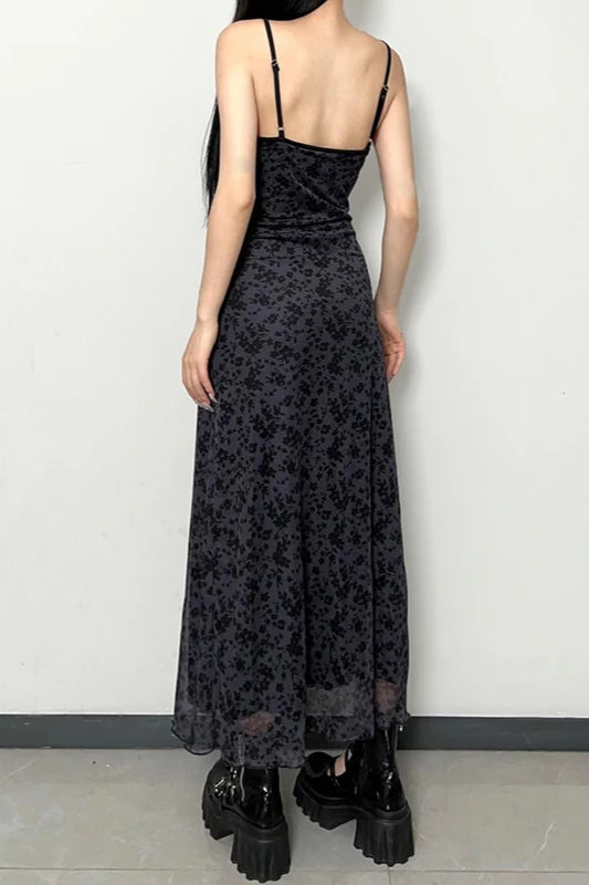 Mesh Floral Print Lace Trim Spaghetti Strap Ankle Length Maxi Dress - View 3