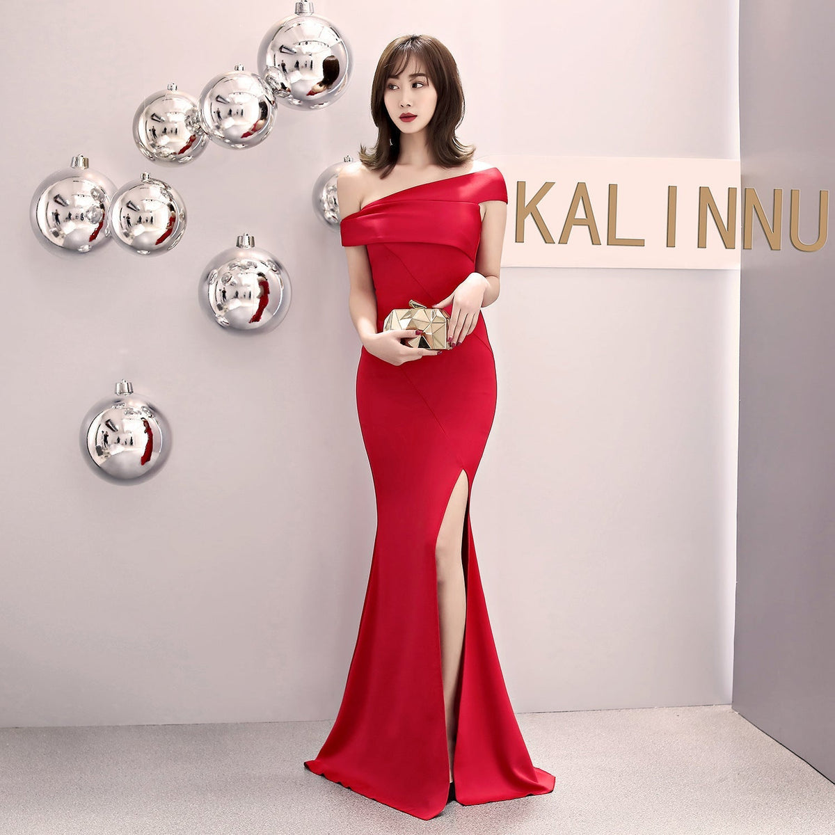 Satin Off Shoulder High Split Mermaid Gown - View 7
