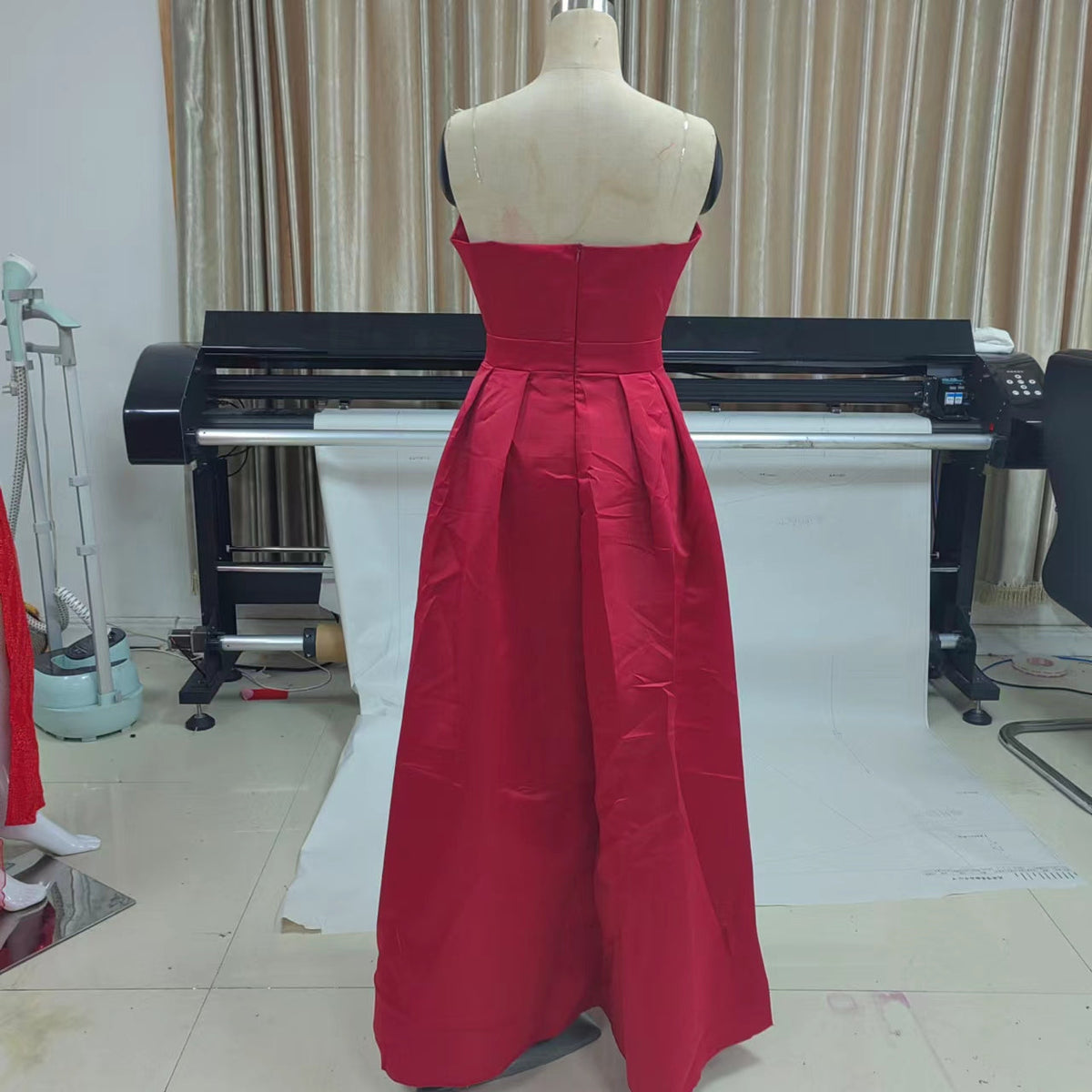 Strapless Plunging Deep V-Neck Pleated High Split Satin Maxi Gown - View 6