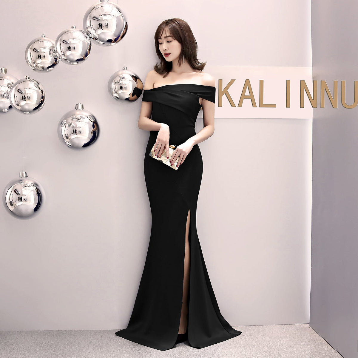 Satin Off Shoulder High Split Mermaid Gown - View 8