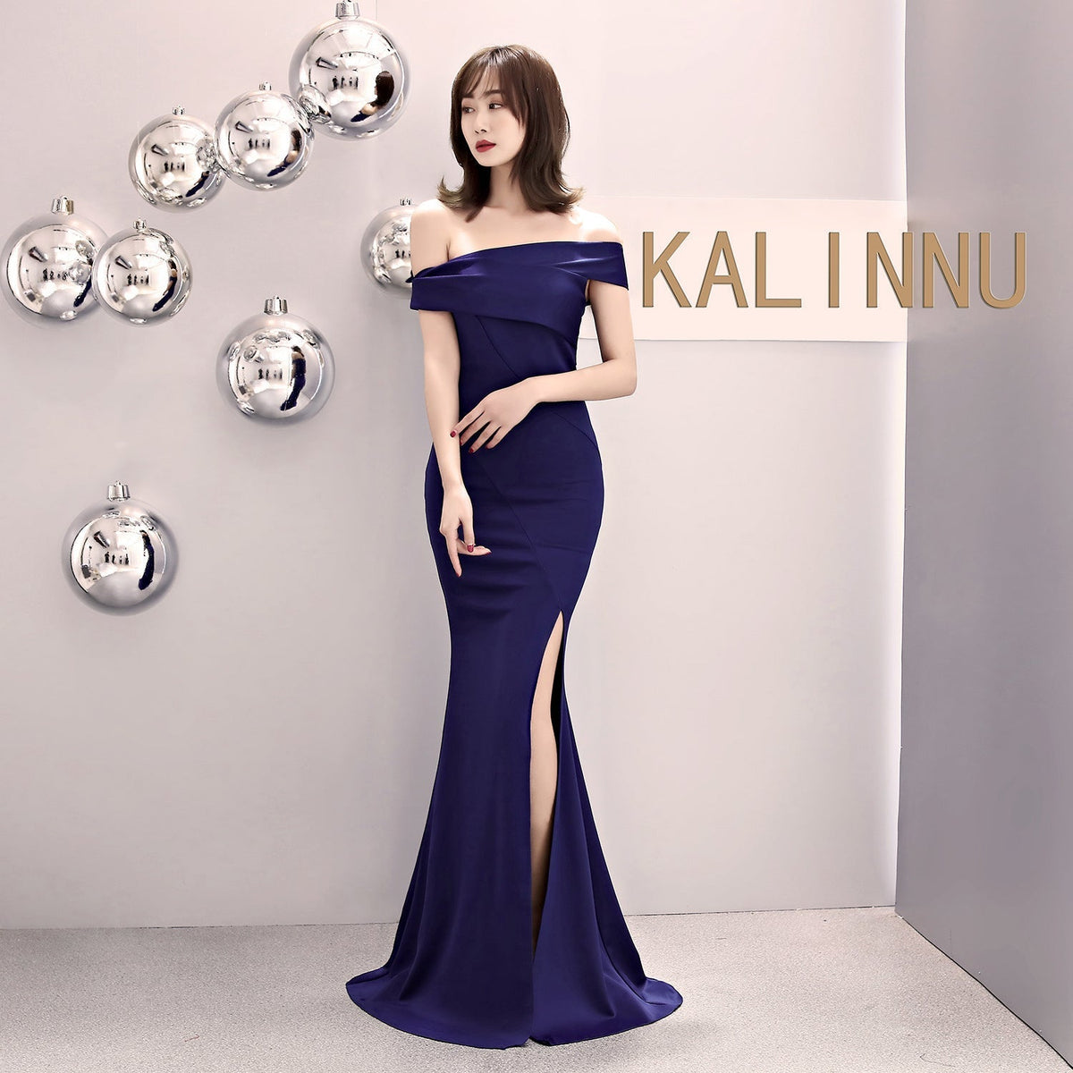 Satin Off Shoulder High Split Mermaid Gown - View 10