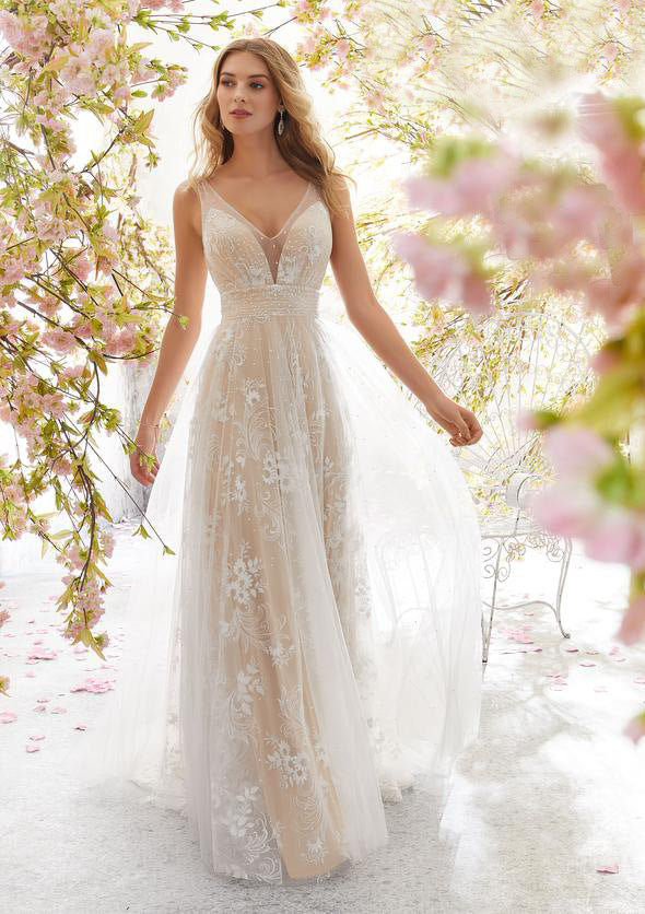 Lace Floral Deep V-Neck Sleeveless Beaded Waist Cape Train Gown - View 6