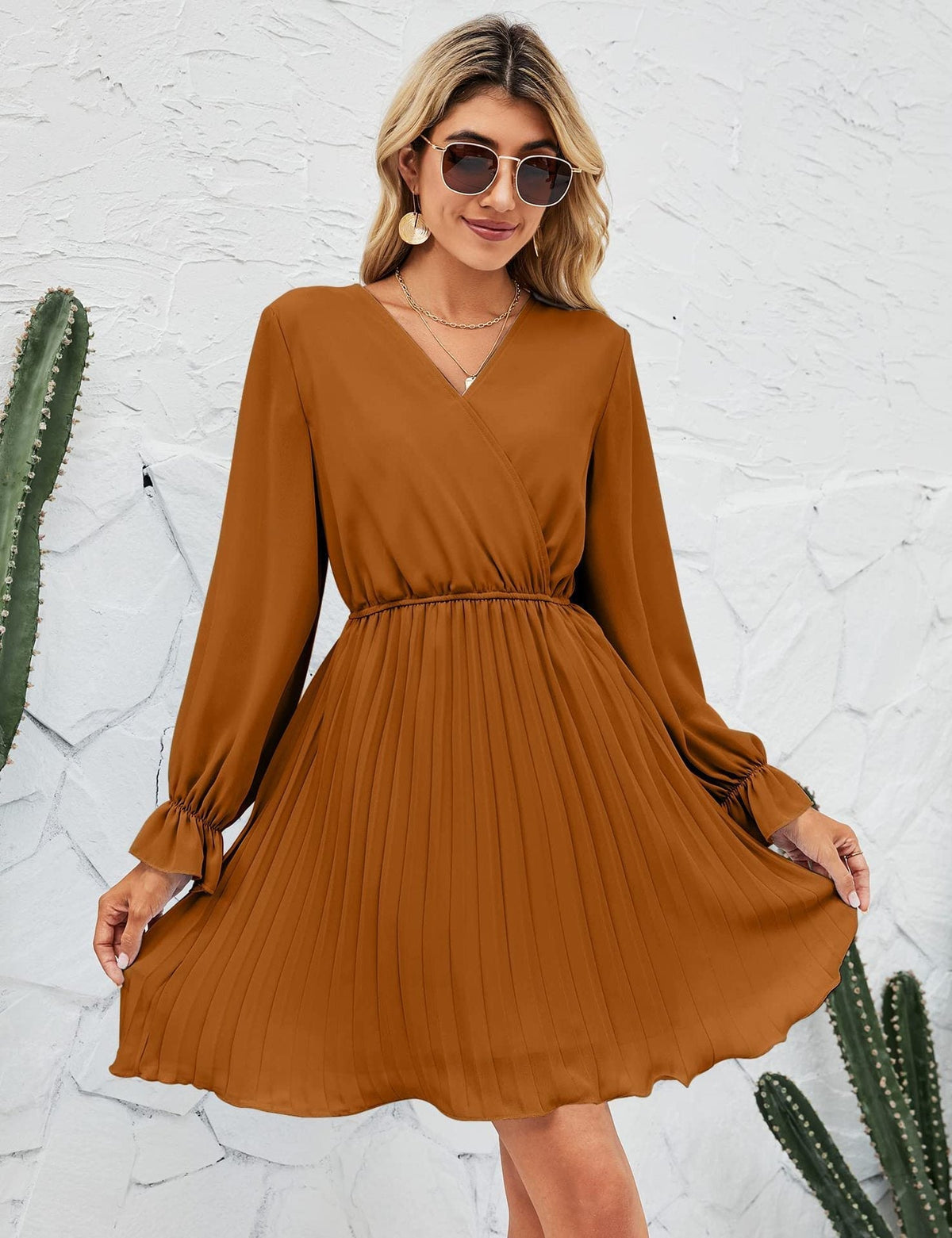 Wrap V-Neck Long Sleeve Pleated Fit and Flare Mini Dress - View 2