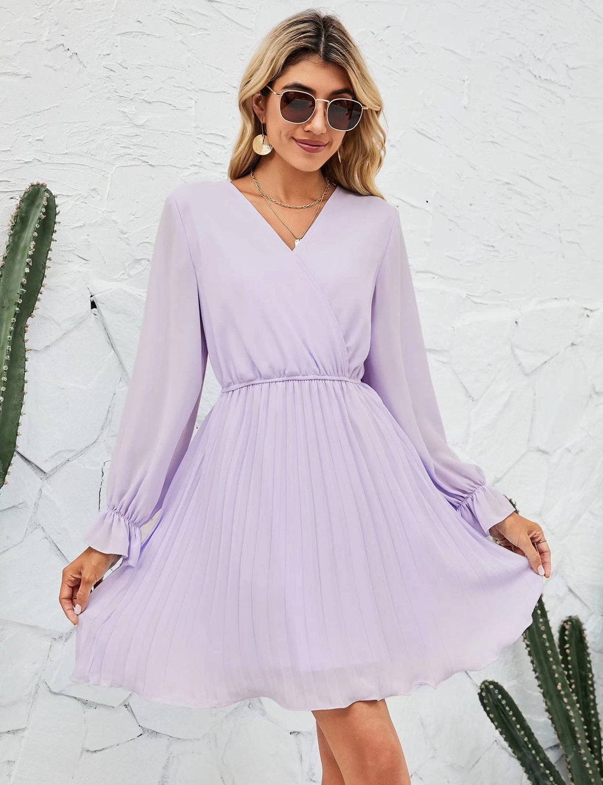 Wrap V-Neck Long Sleeve Pleated Fit and Flare Mini Dress - View 5