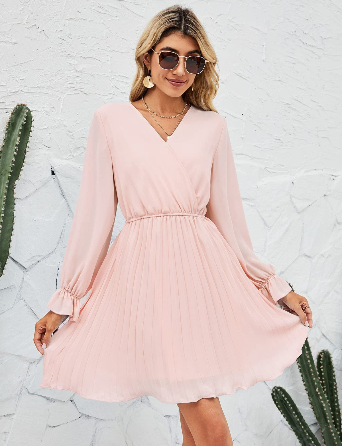 Wrap V-Neck Long Sleeve Pleated Fit and Flare Mini Dress - View 6