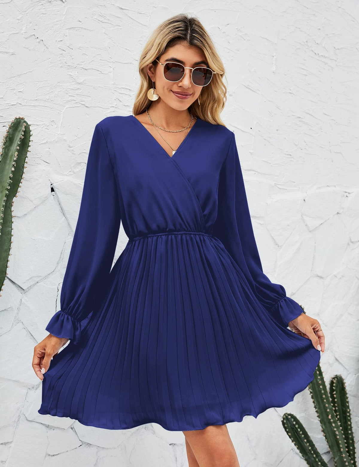 Wrap V-Neck Long Sleeve Pleated Fit and Flare Mini Dress - View 7