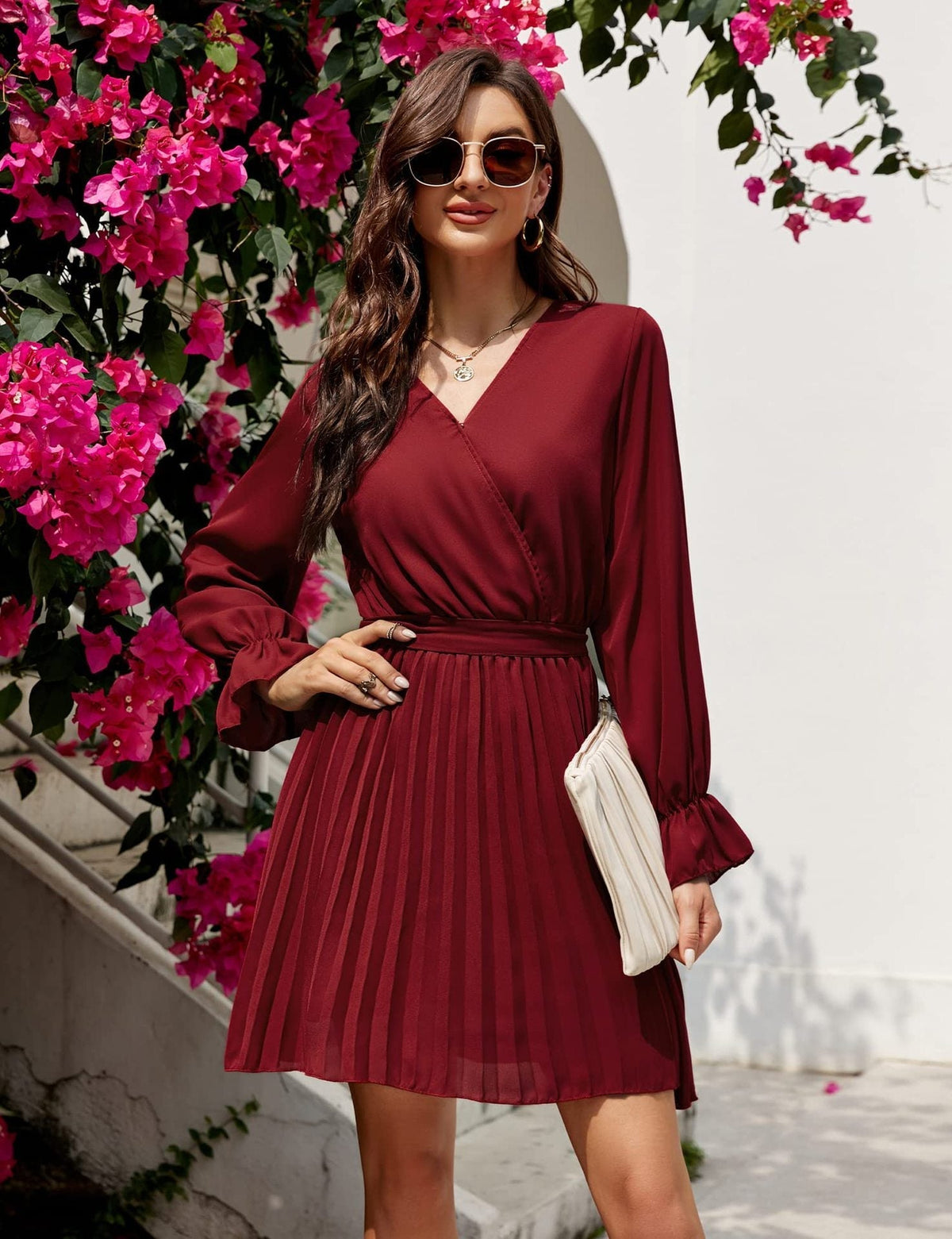 Wrap V-Neck Long Sleeve Pleated Fit and Flare Mini Dress - View 8