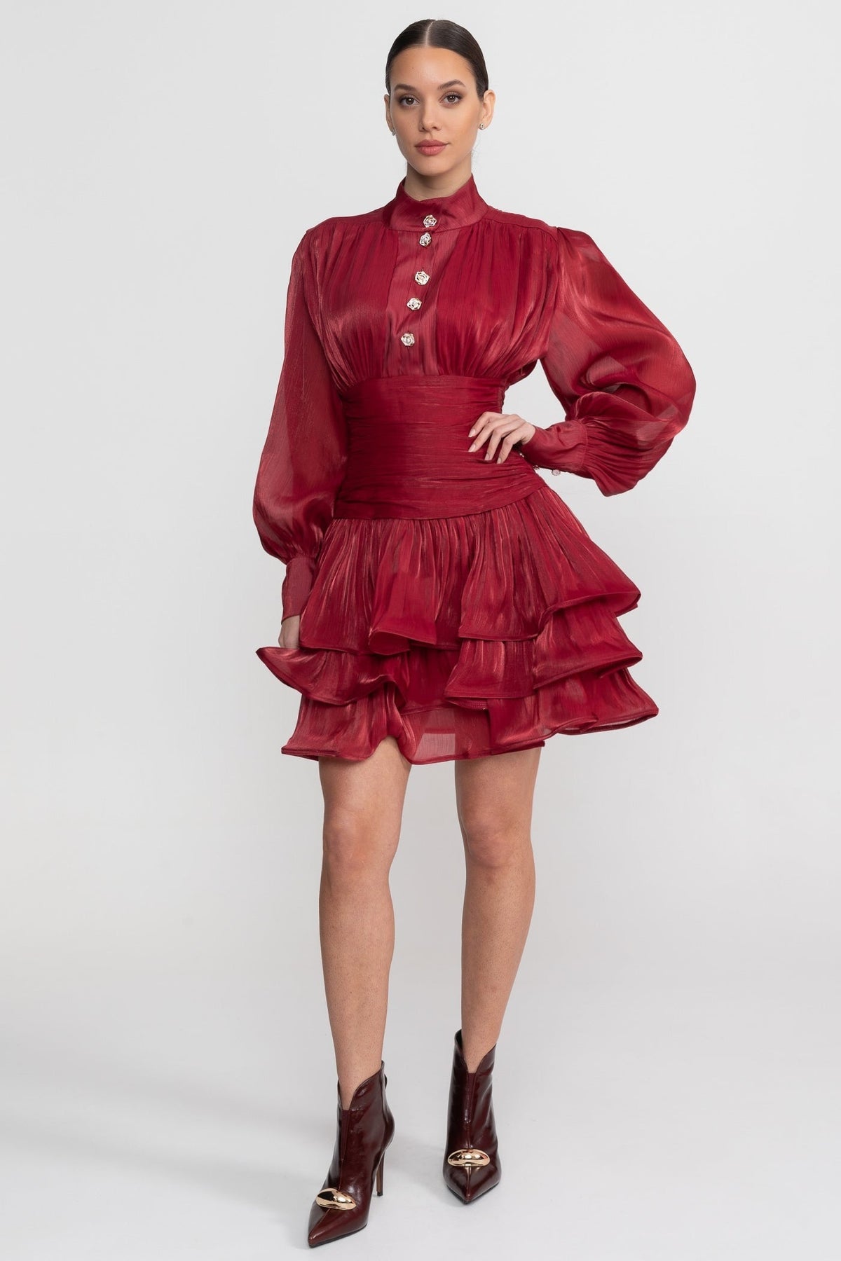 Draped Long Sleeve Mini Dress With Tiered Ruffle Skirt - Red
