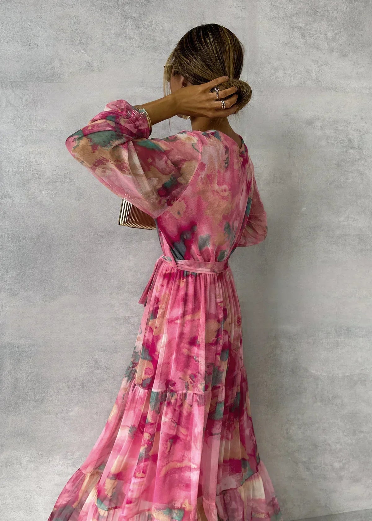 Long Sleeve Wrap Tie Waist Tiered Ruffle Abstract Print Maxi Dress
