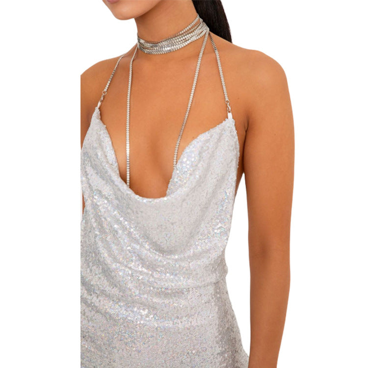 Self Love Metallic Mesh Crystal Straps Mini Dress - View 2