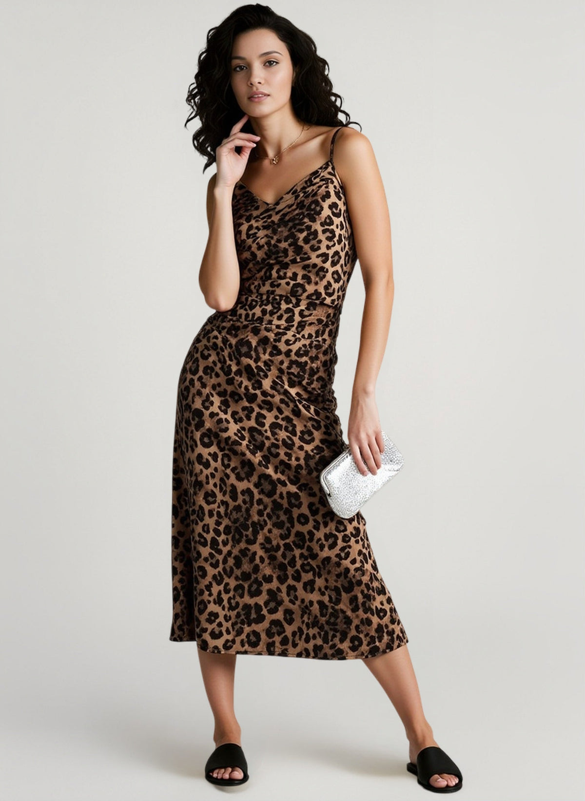 Cowl Neck Spaghetti Strap Leopard Print Slip Midi Dress 2