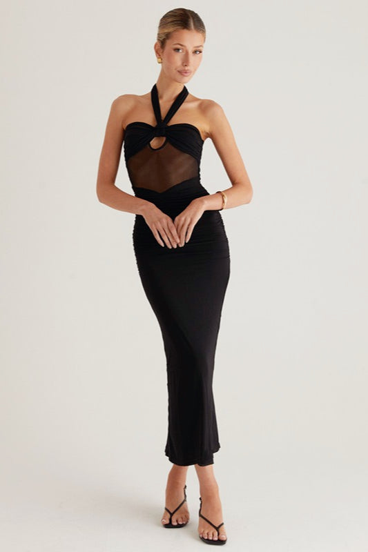 Halter Neck Twist Front Cut Out Sheer Mesh Mermaid Maxi Dress - View 6