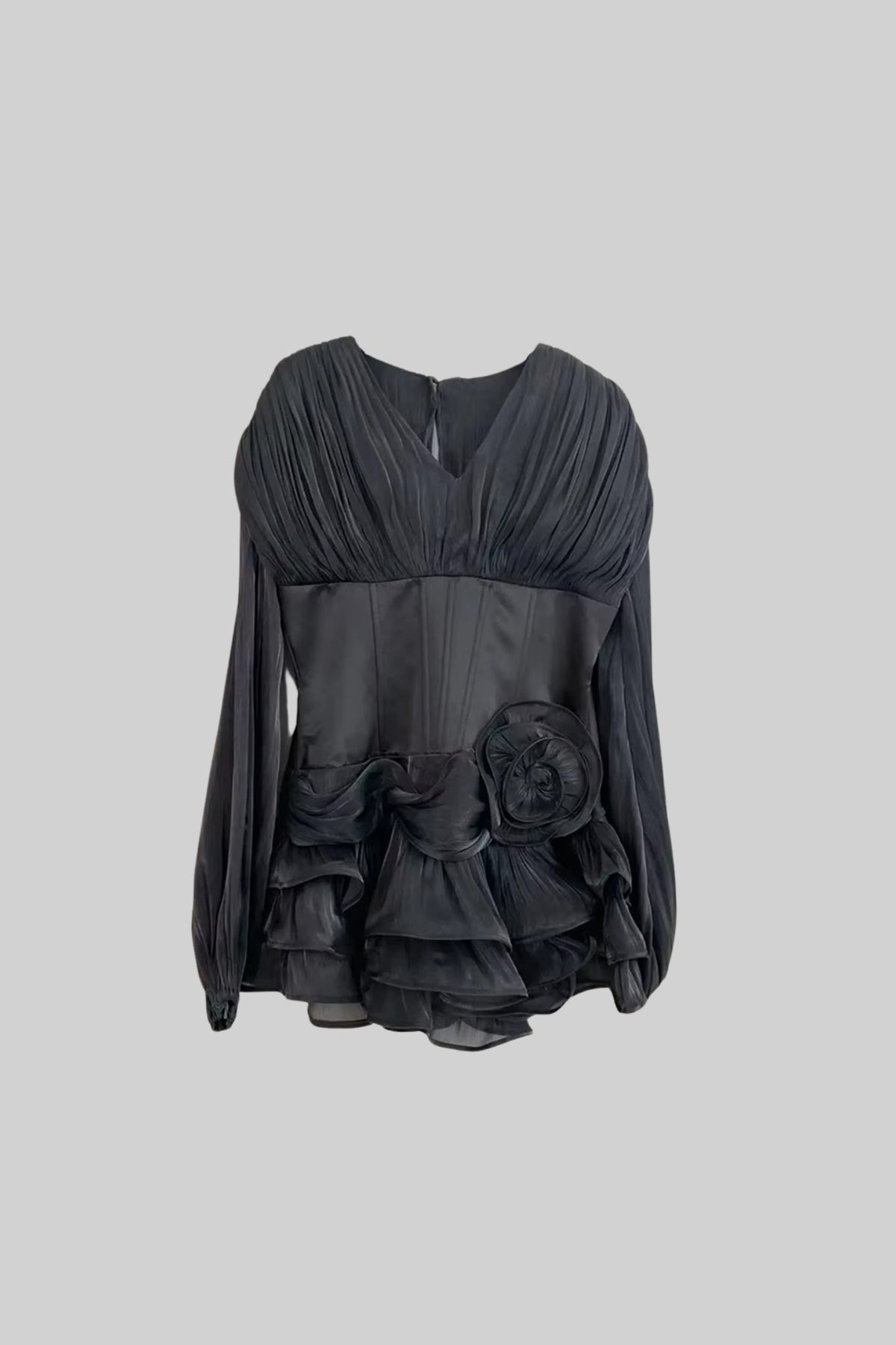 V-Neck Long Sleeve Corset Waist Rosette Ruffle Peplum Blouse