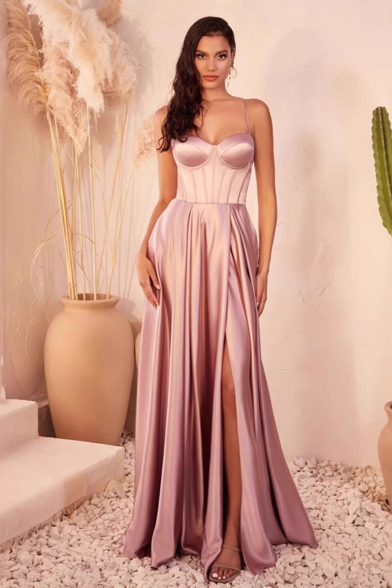 Satin Sweetheart Spaghetti Strap Corset High Split A-Line Maxi Dress
