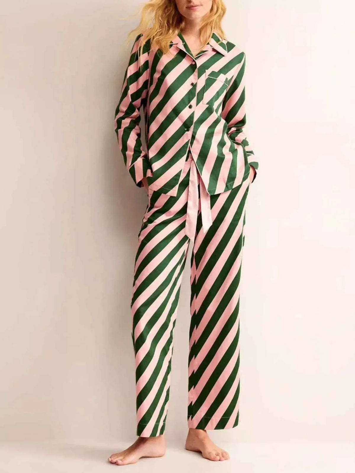 Striped Long Sleeve Shirt and Pants Lounge Set