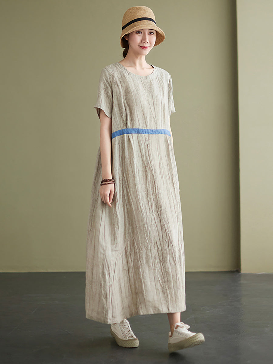 Textured Round Neck Short Sleeve Loose A-Line Maxi Dress - View 3
