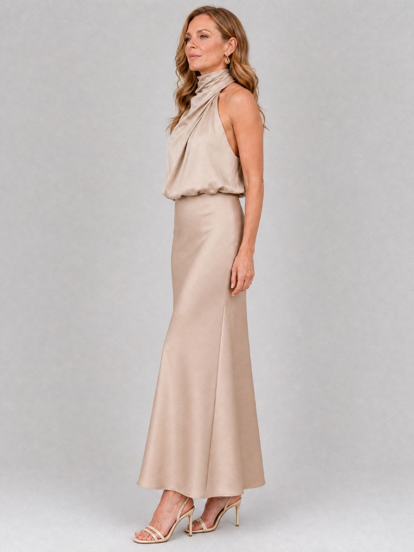 Halter Neck Draped Satin Maxi Gown 10