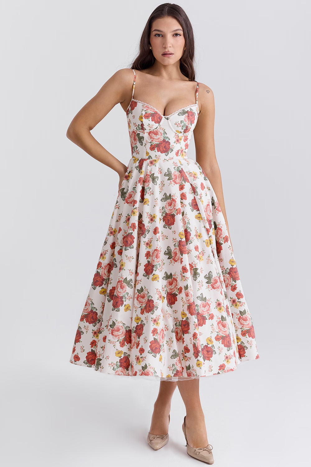Spaghetti Strap Sweetheart Lace Trim Corset Midi Cocktail Dress - View 13