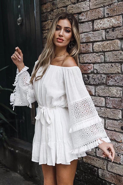 Off Shoulder Bell Sleeve Lace Trim Tie Waist Ruffle Mini Dress 5