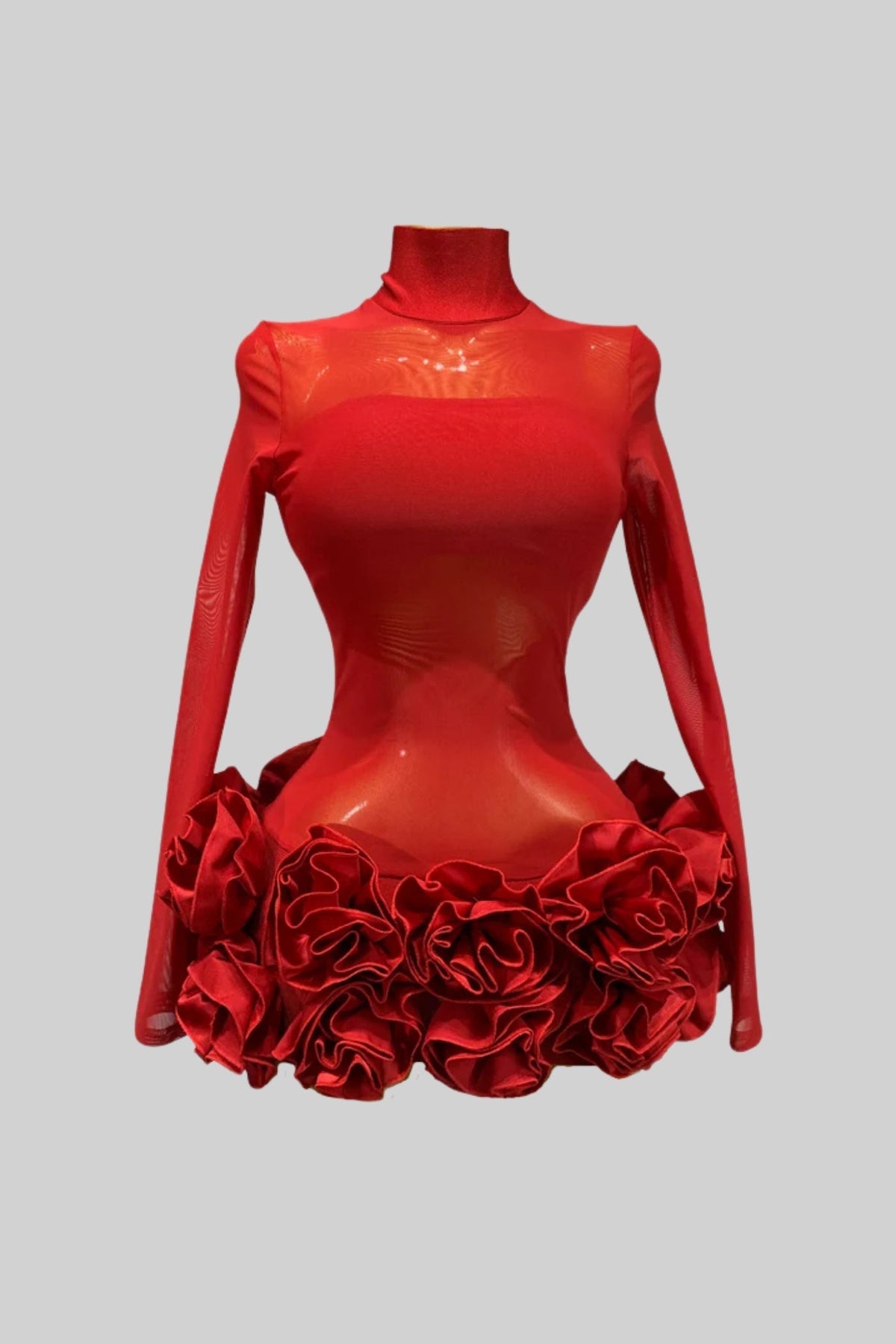 Sheer Floral Mini Dress With 3D Rosettes Hemline – Red - View 4
