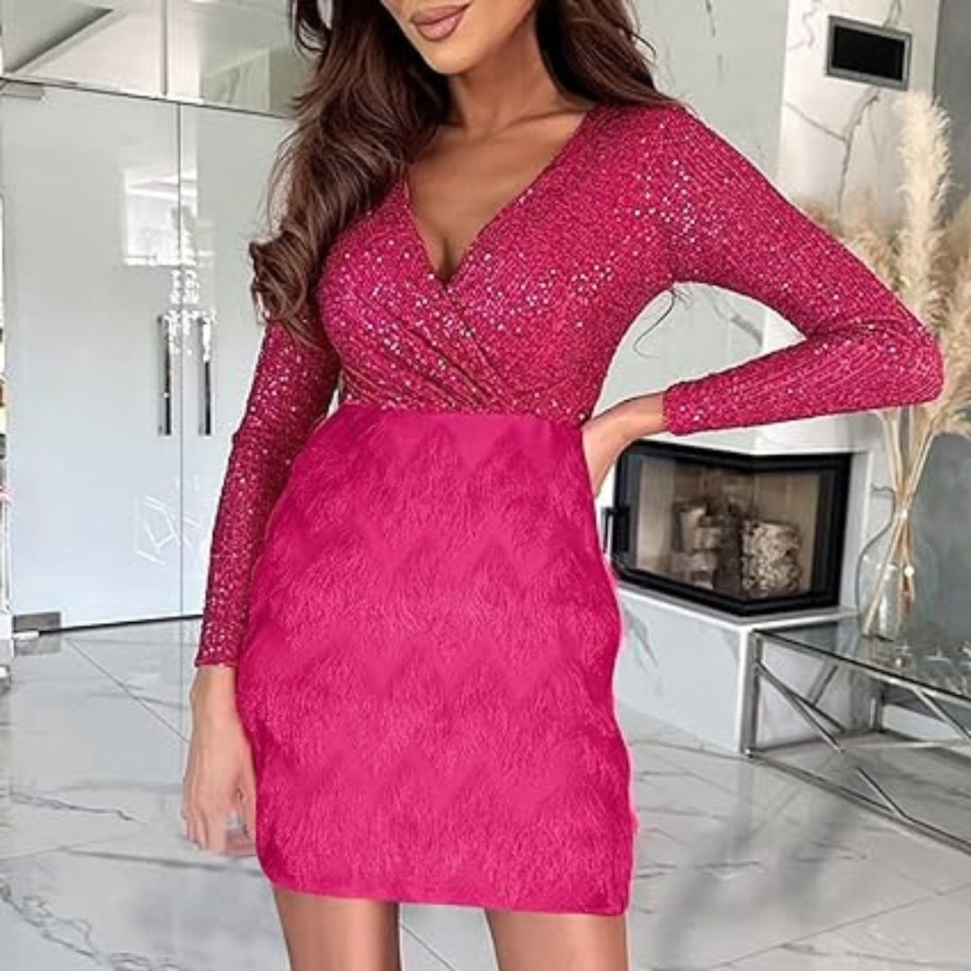 Sequin Wrap Deep V-Neck Long Sleeve Faux Cocktail Mini Dress - View 20