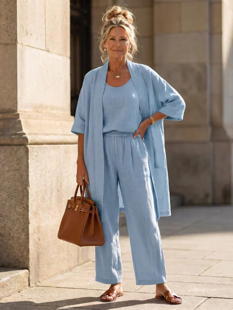 Sleeveless Tank Open Front Kimono and Wide Leg Pants Three Piece Set