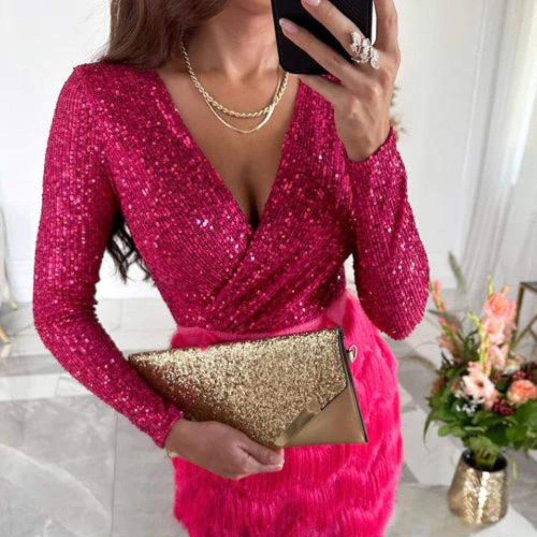 Sequin Wrap Deep V-Neck Long Sleeve Faux Cocktail Mini Dress - View 7