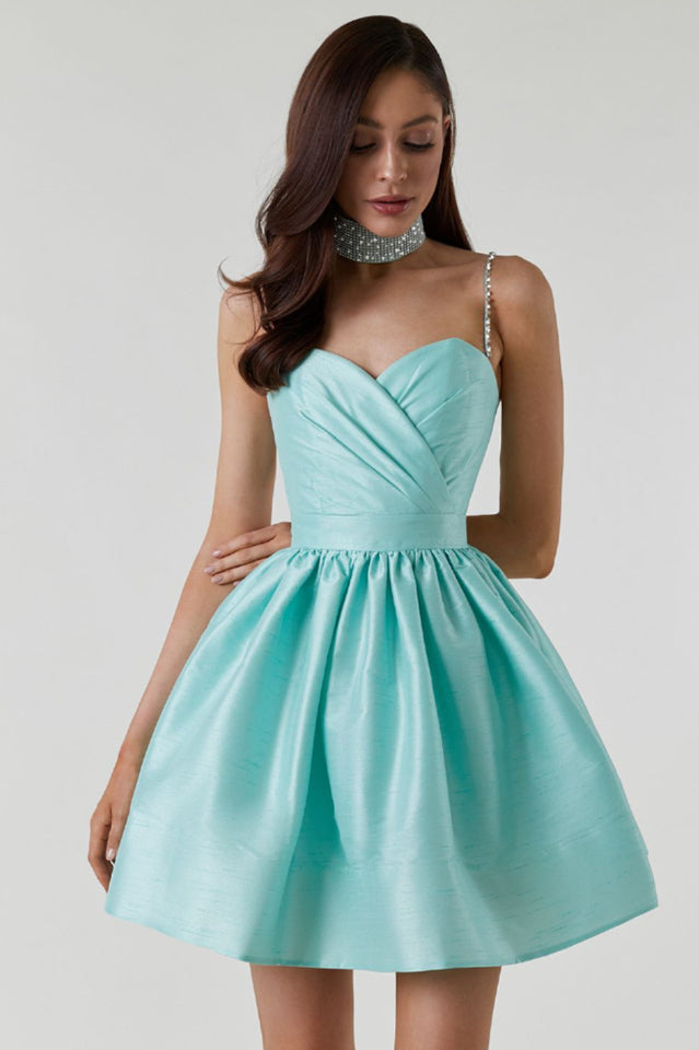 Rhinestone Strap Sweetheart Surplice Box Mini Cocktail Dress