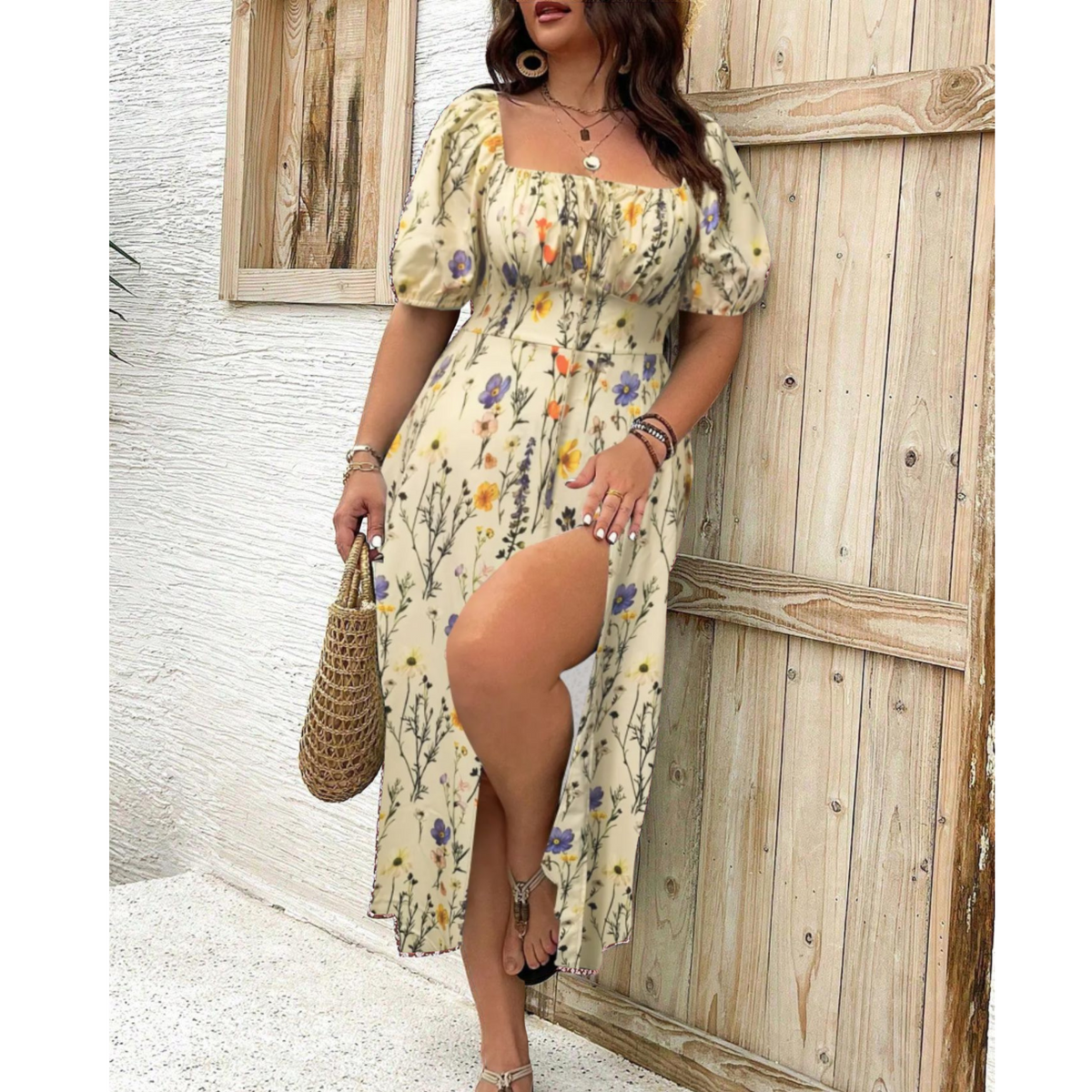 Ditsy Floral Square Neck Puff Sleeve High Split Maxi Dress 10