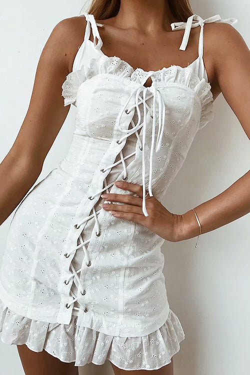 Tie Shoulder Eyelet Lace Up Corset Ruffle Hem Bodycon Mini Dress