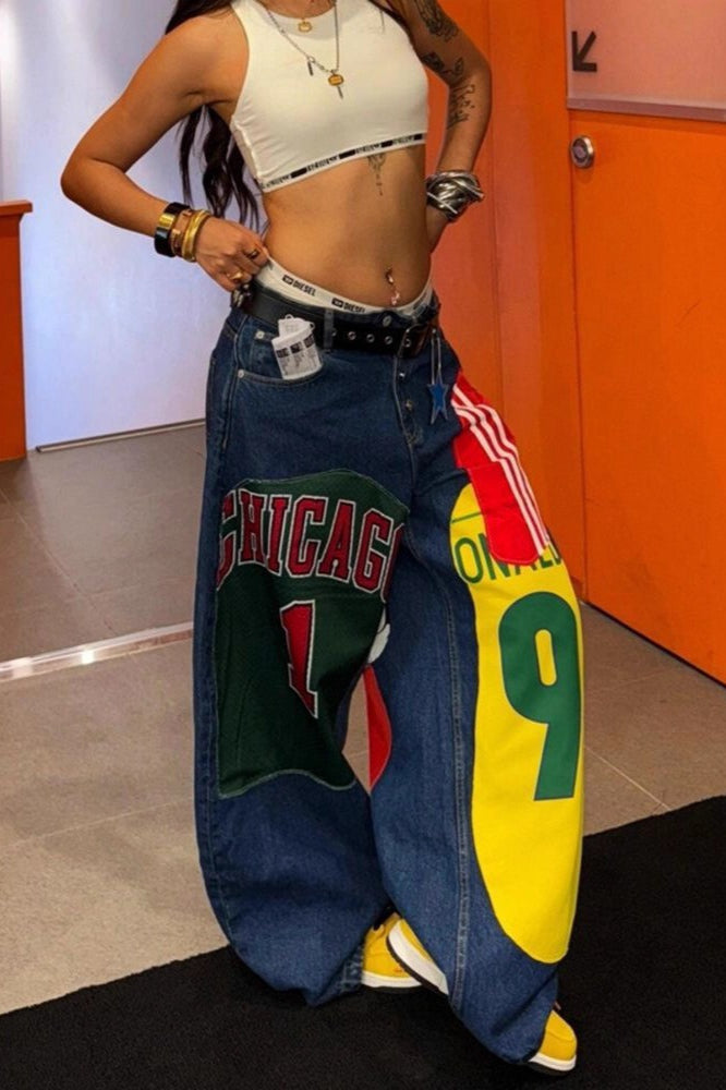 Graphic Patch Wide Leg Floor Length Trendy Hip Hop Jeans