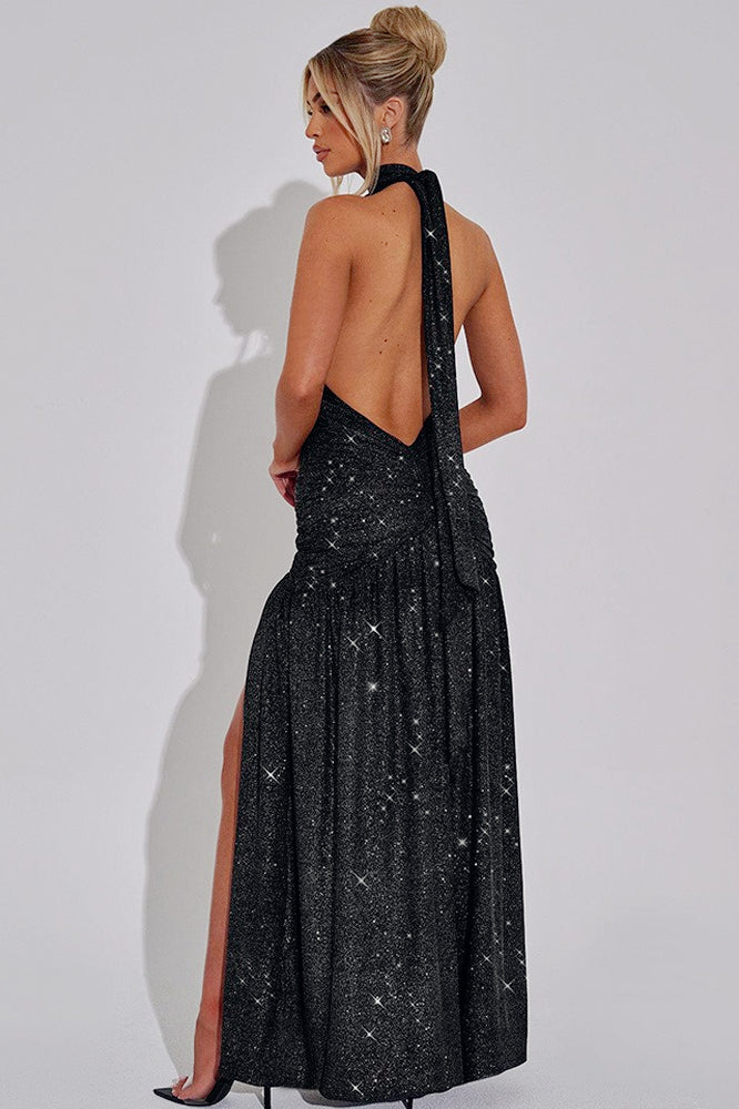Glitter Halter Neck Plunge Ruched High Split Maxi Dress - View 11