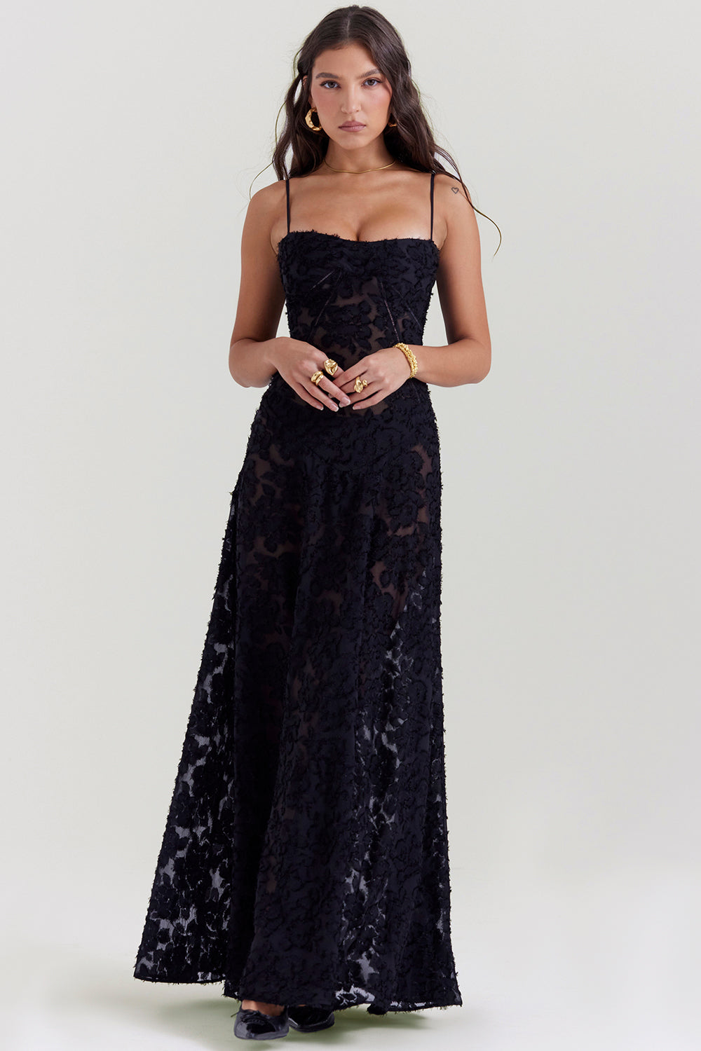 Floral Lace Spaghetti Strap Corset Bodice Sheer Mesh Maxi Gown