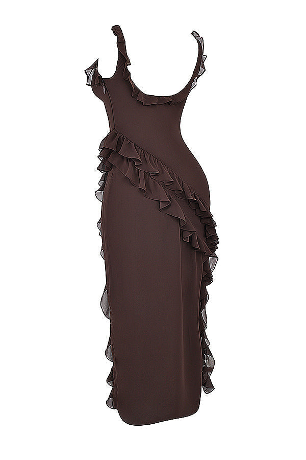 Square Neck Ruffle Strap High Split Ruffle Trim Maxi Gown 35