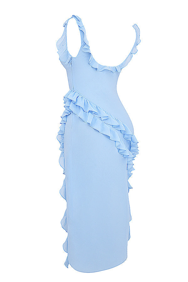 Square Neck Ruffle Strap High Split Ruffle Trim Maxi Gown 50