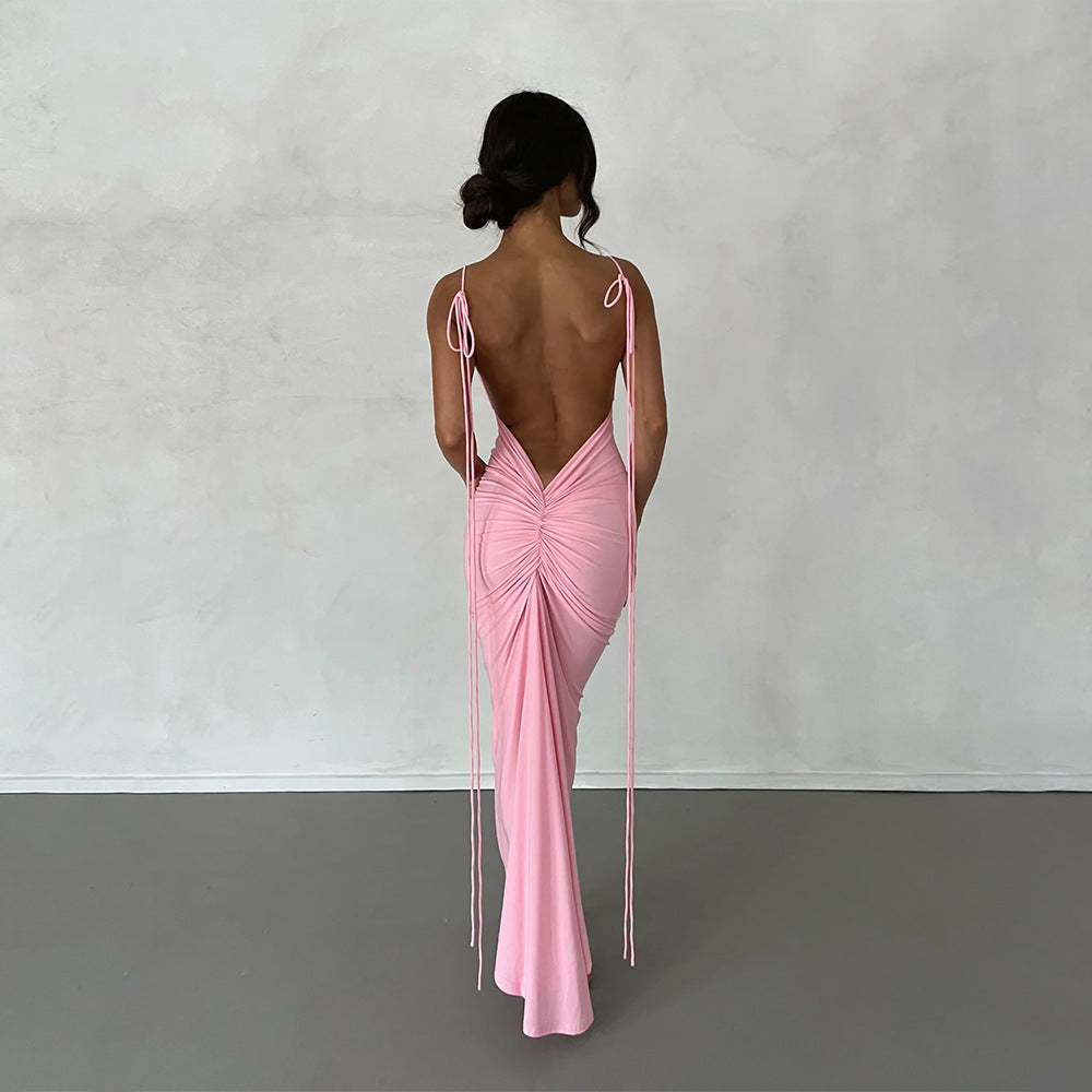 Backless Tie Shoulder Spaghetti Strap Ruched Bodycon Maxi Dress