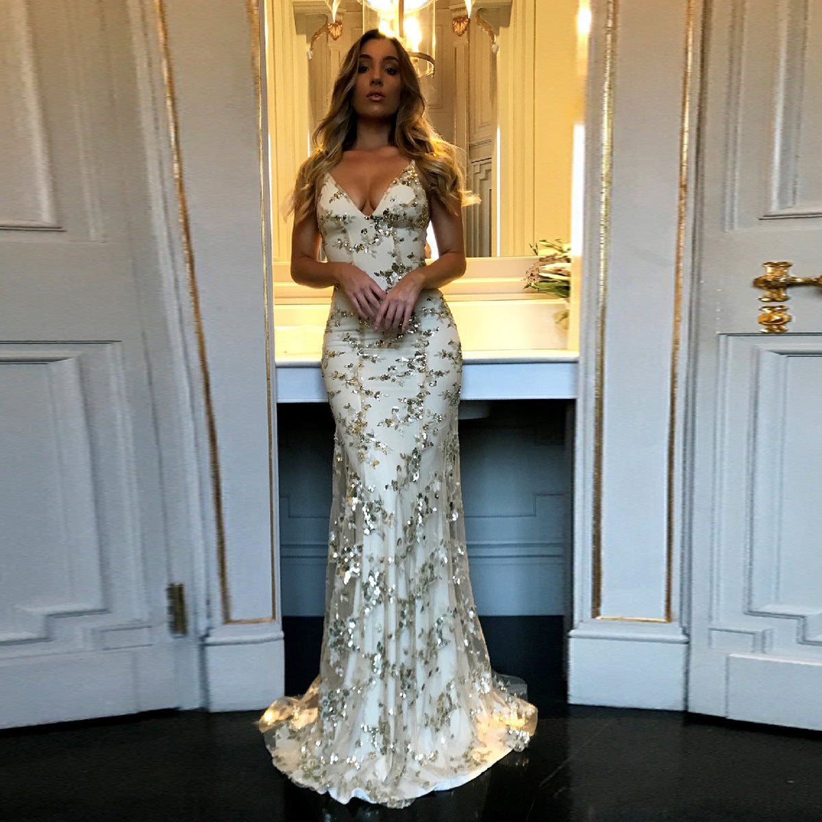 Sequin Deep V-Neck Spaghetti Strap Mermaid Maxi Gown - View 3