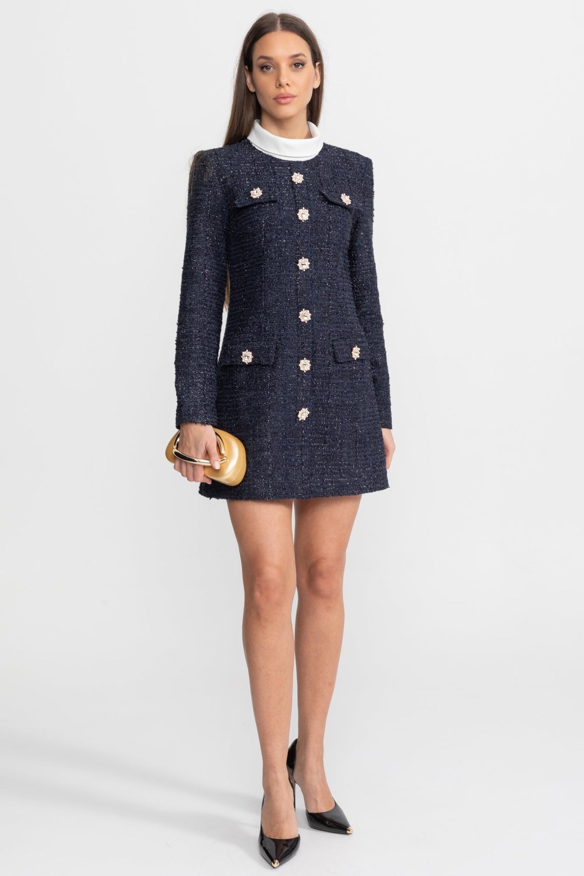 Tweed Long Sleeve Rhinestone Flower Button Flap Shift Mini Dress - View 2