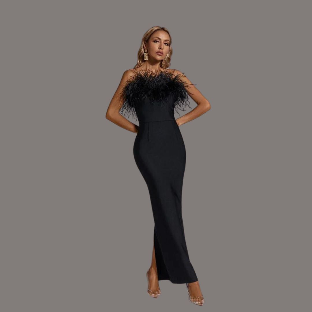 Feather Trim Strapless Bodycon Column Maxi Gown - View 3