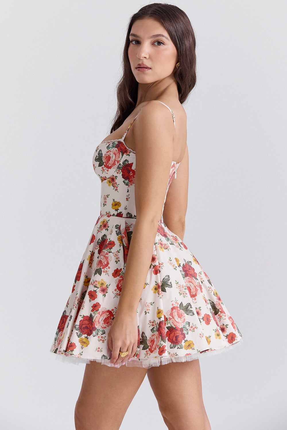 Floral Spaghetti Strap Sweetheart Bustier Fit and Flare Mini Dress - View 2