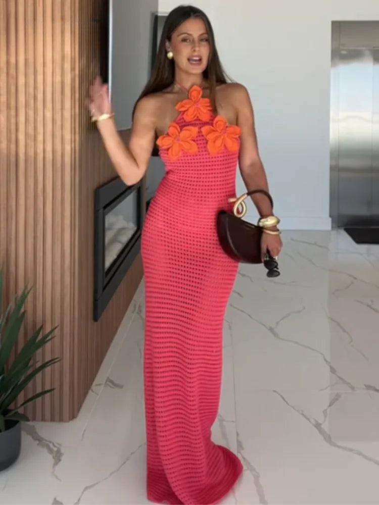 Crochet Halter Neck 3D Flower Backless Maxi Summer Dress - View 3