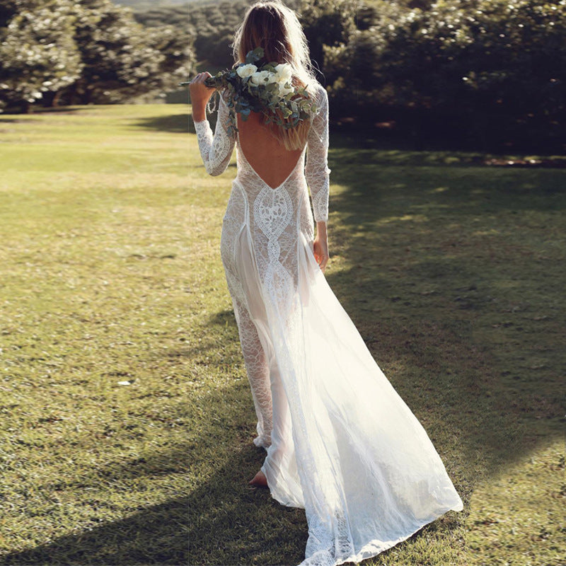 Lace Long Sleeve Backless Mermaid Wedding Gown