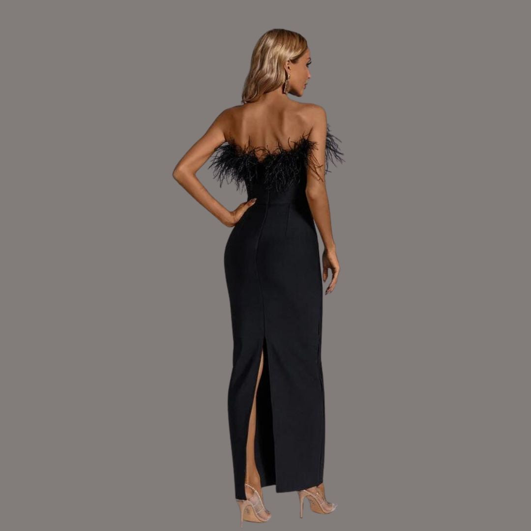 Feather Trim Strapless Bodycon Column Maxi Gown - View 5