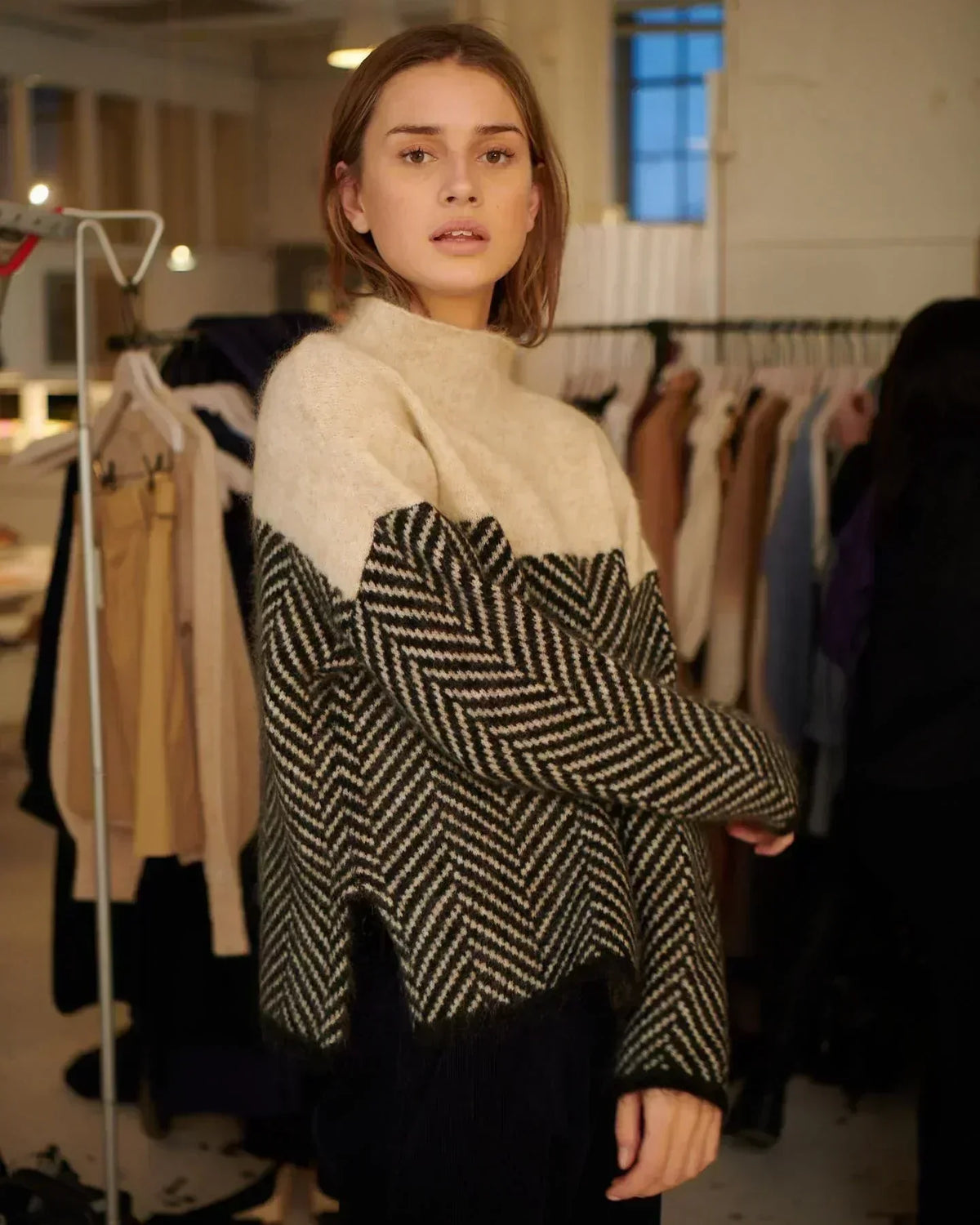 Turtleneck Long Sleeve Herringbone Colorblock Oversized Sweater 2