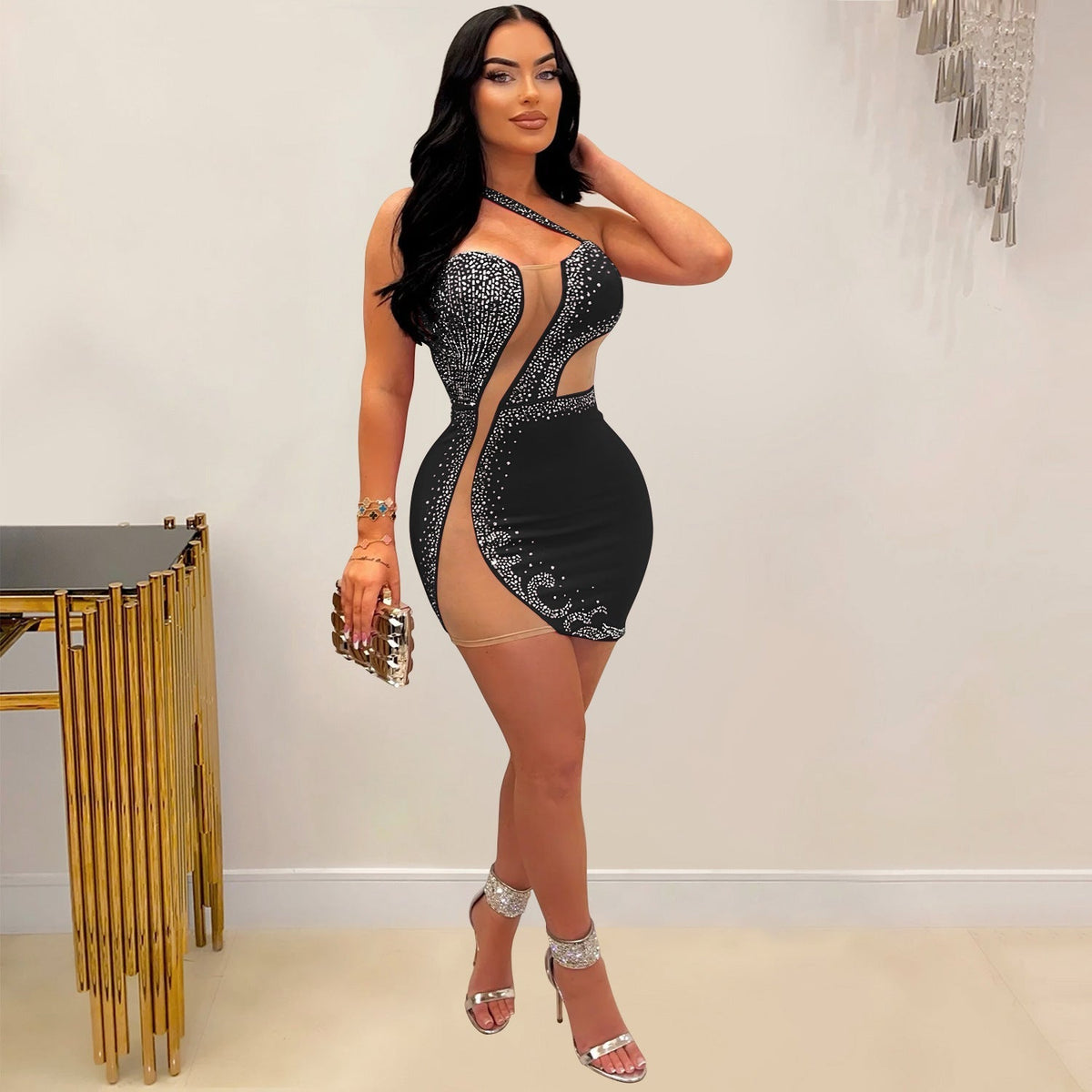 Rhinestone One Shoulder Mesh Cut Out Bodycon Mini Dress