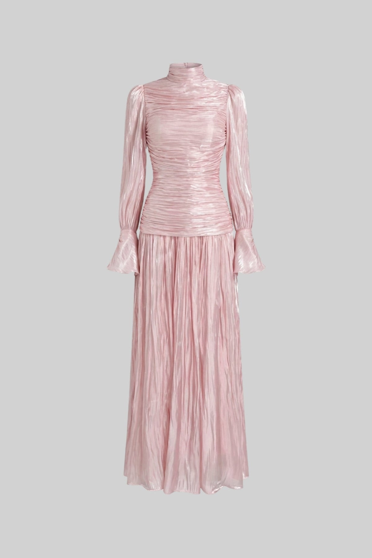 Ruched Long Sleeve Maxi Dress With Pleated Skirt - Blush Pink - View 2