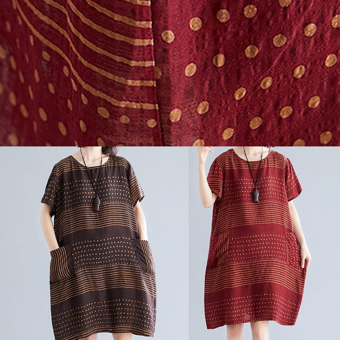 Polka Dot Stripe Round Neck Pocket Short Sleeve Shift Dress - View 5