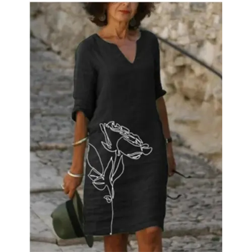V-Neck Three Quarter Sleeve Relaxed Fit Knee Length Shift Dress - View 8